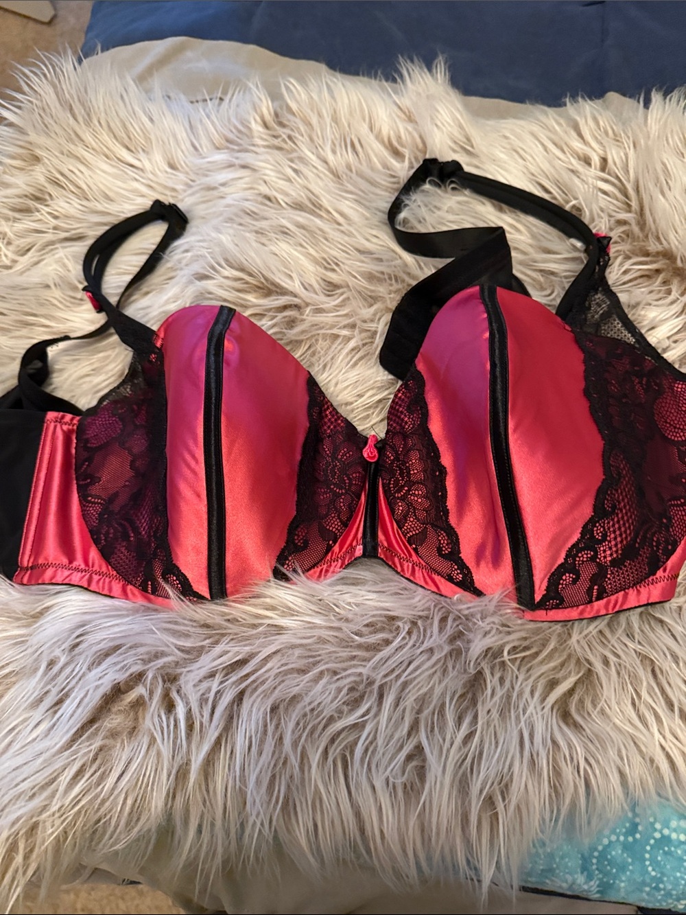 Cacique Satin Push-Up Bra in Hot Pink and Black Lace